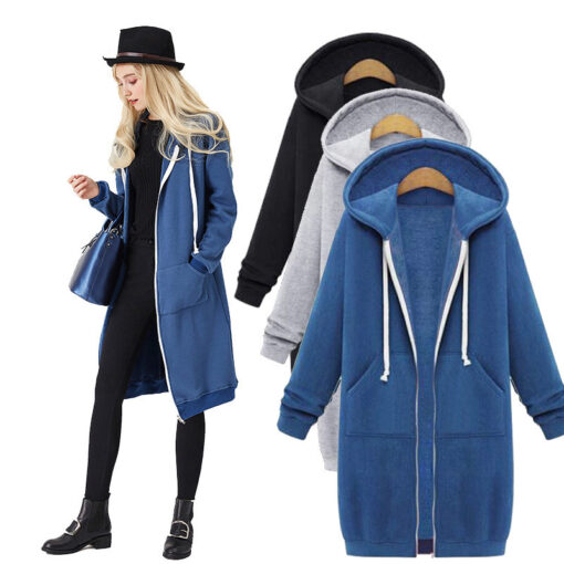 Hooded long-sleeved winter sweater women's jacket in a long thick shirt