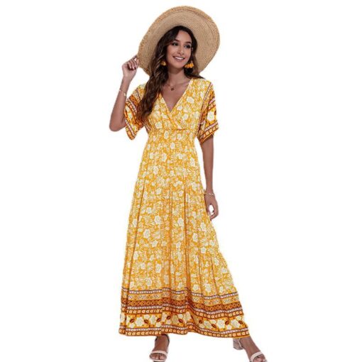 2022 Summer Women's New Product V-neck Fashion Print High Waist Big Swing Dress